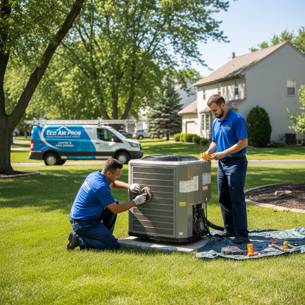 Eco Air Pros team conducting a thorough AC unit inspection and maintenance in a Lombard backyard.