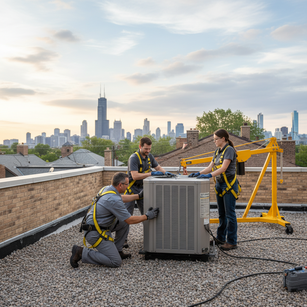 Eco Air Pros team installing a new air conditioning unit on a residential roof in Portage Park.