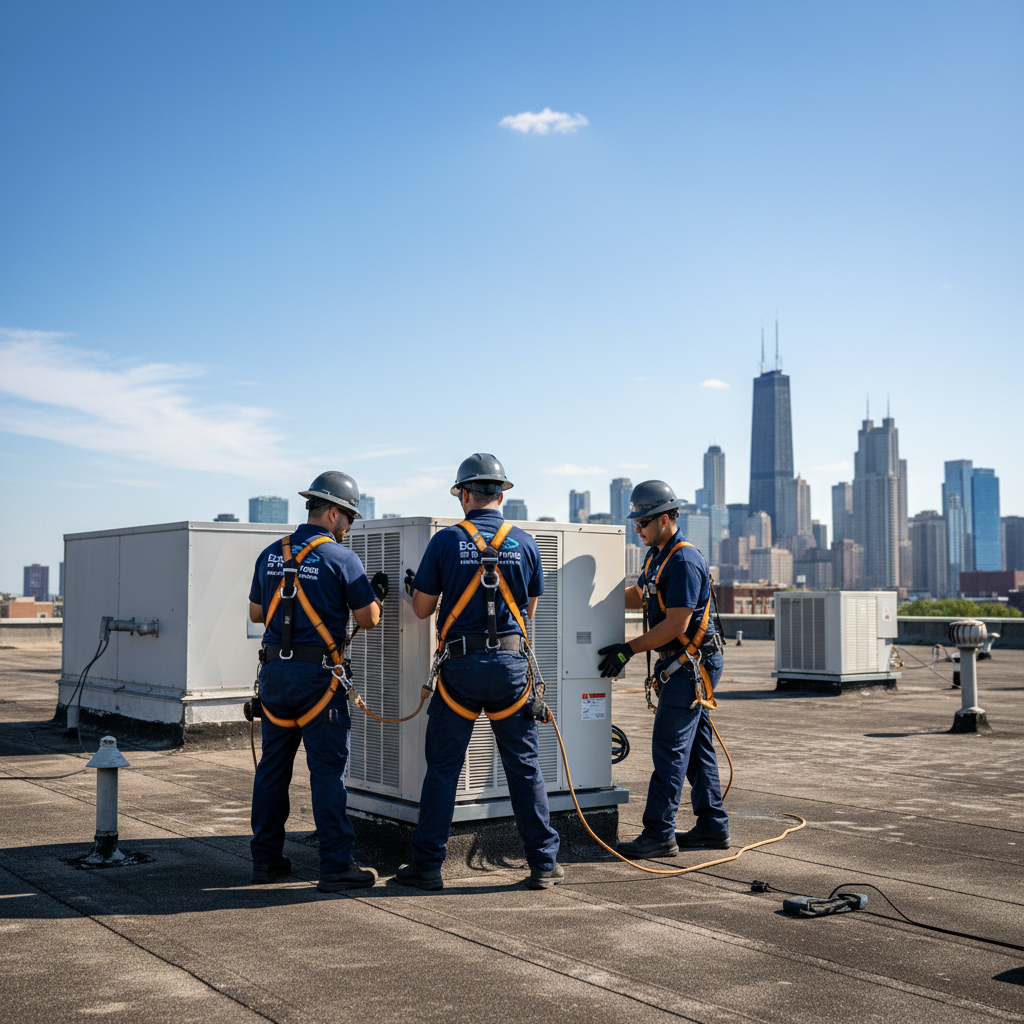 Eco Air Pros team installing a new air conditioning unit on a rooftop in Cicero, Illinois.