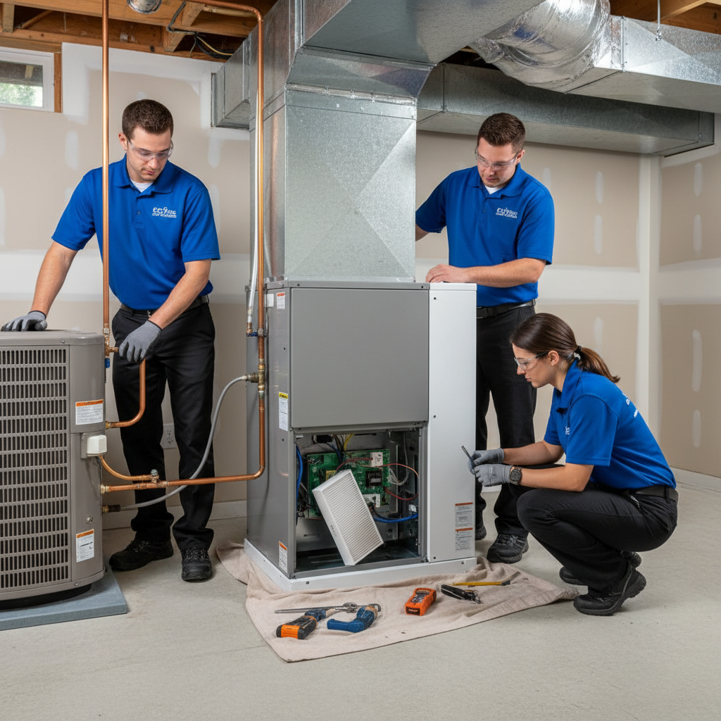 Eco Air Pros team installing a new HVAC unit in a Northbrook residential basement.