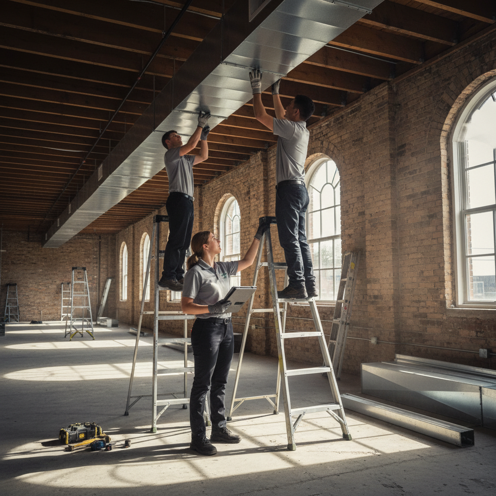 Eco Air Pros team installing new ductwork, improving air quality for a Palmer Square business.