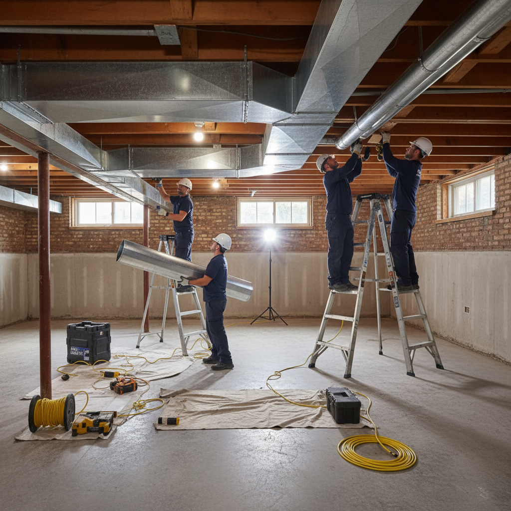 Eco Air Pros team installing new ductwork in a spacious Edison Park residential basement.