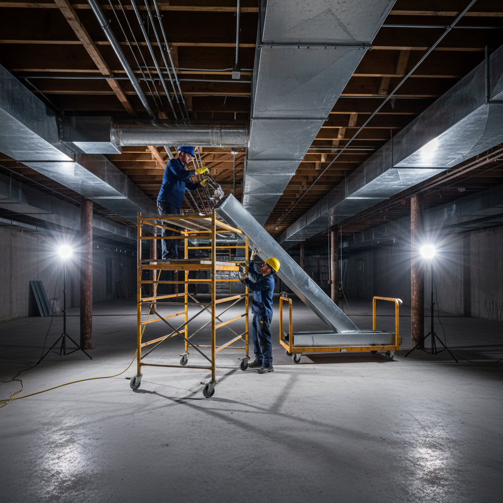 Eco Air Pros team installing new ventilation system in a commercial property basement in Elmhurst.
