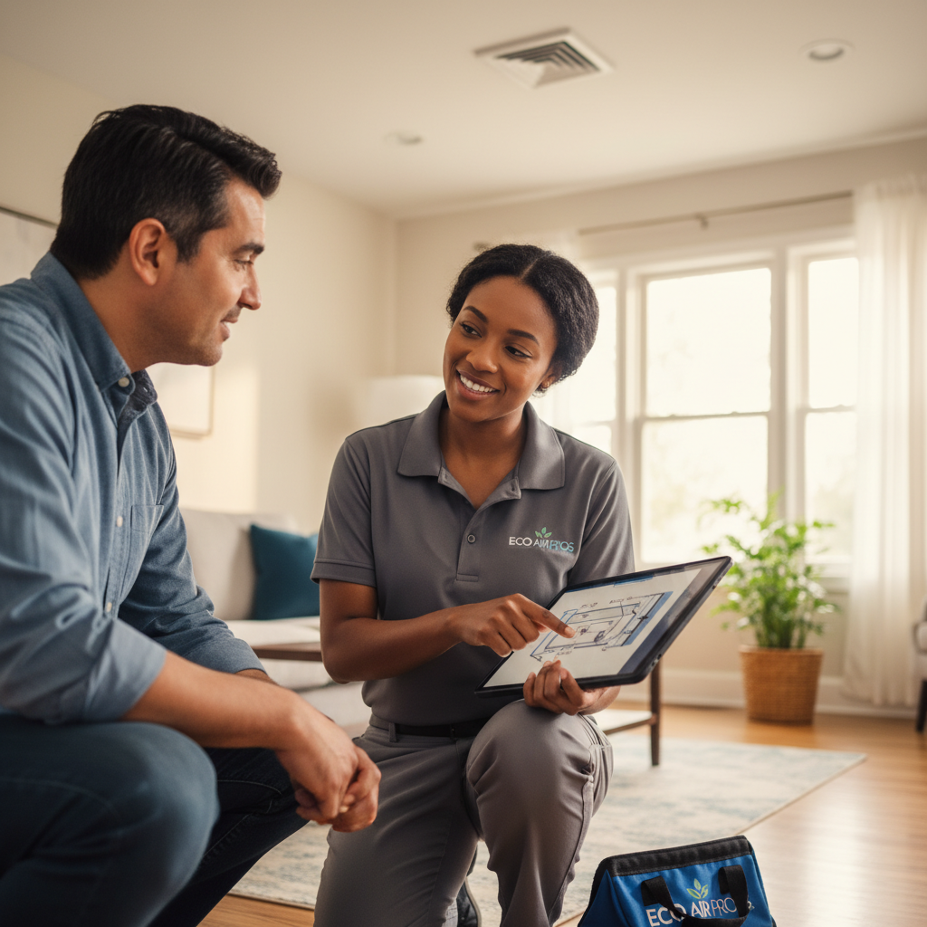 Eco Air Pros team member discussing HVAC repair options with a client in South Austin.
