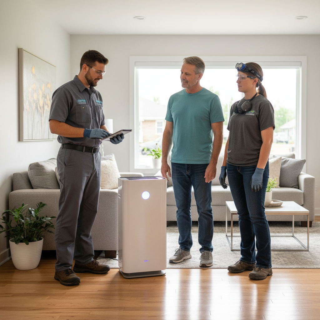 Eco Air Pros team member explaining a new air purification system to a client in Summit, IL.