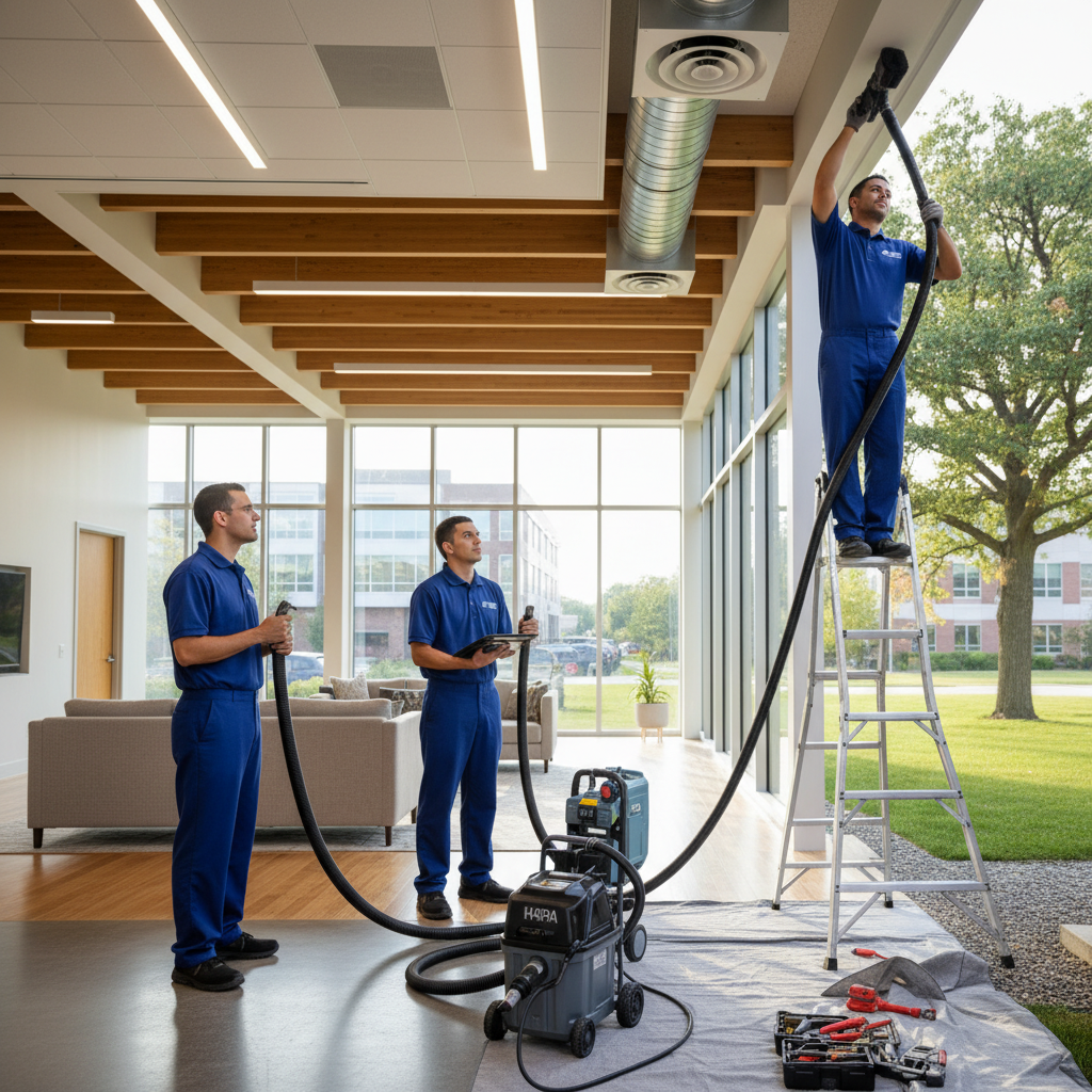 Eco Air Pros team performing a detailed air duct cleaning service inside a modern Oak Brook office.