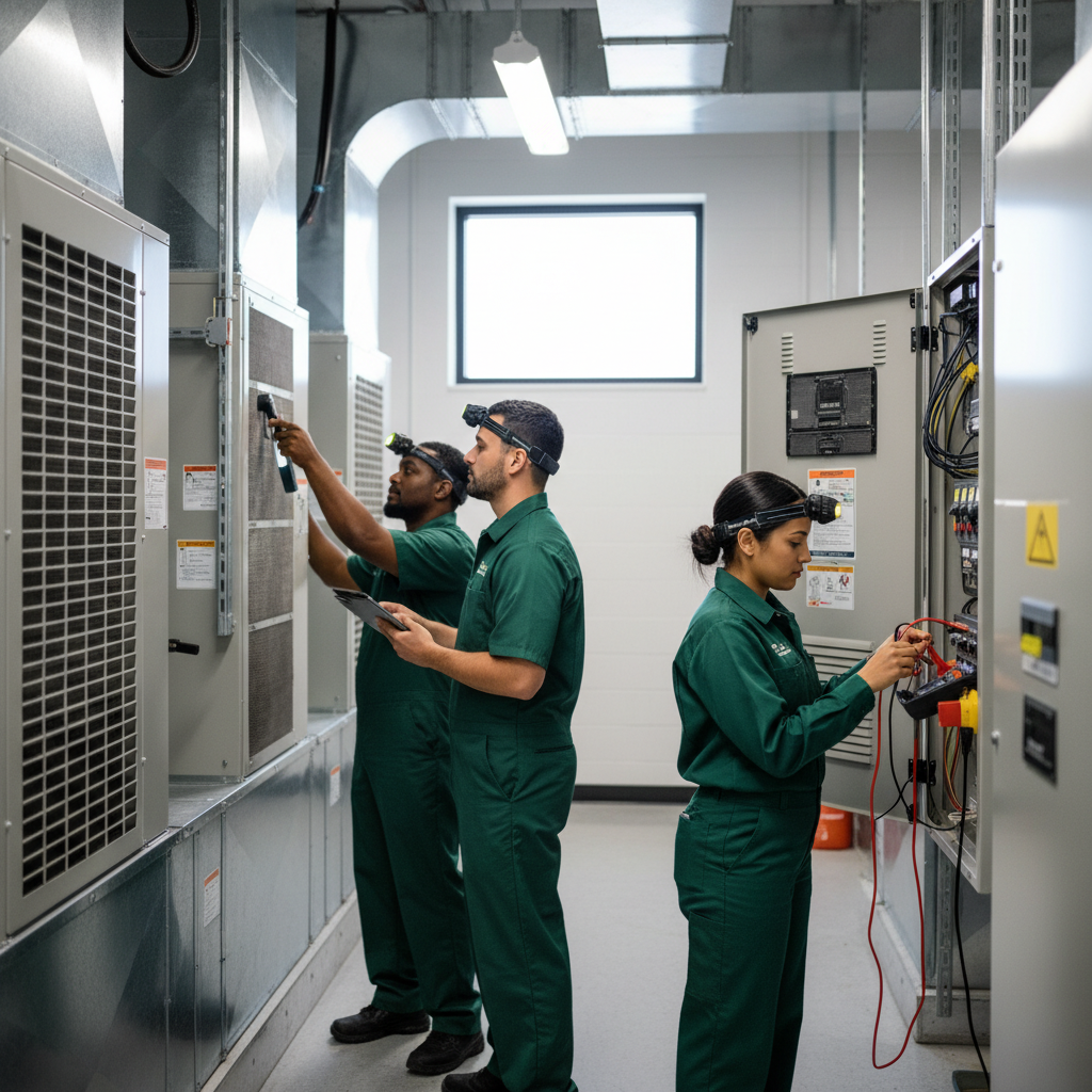 Eco Air Pros team performing a detailed HVAC system check-up in an Englewood commercial building.