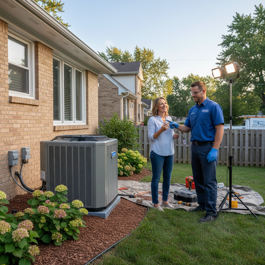 Eco Air Pros technician discussing air conditioning repair with a homeowner in Elmwood Park, IL.