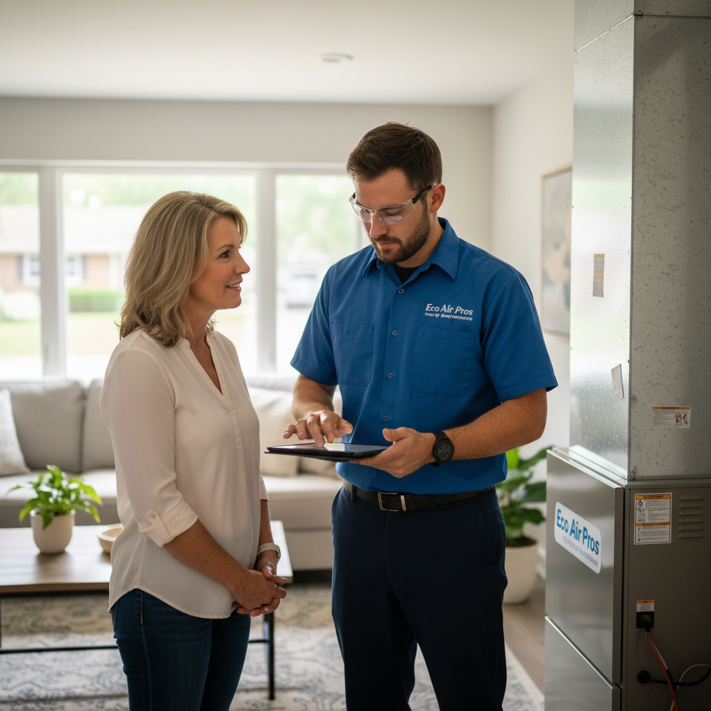 Eco Air Pros technician discussing HVAC options with a homeowner in Ashburn, Illinois.