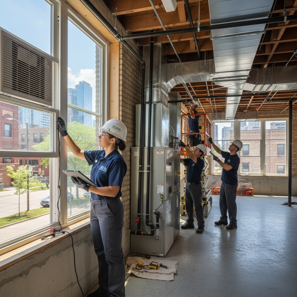 Eco Air Pros technician expertly installing a new air conditioning unit in a modern Chicago home.