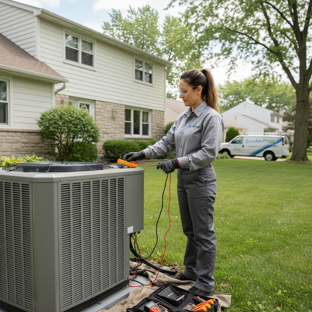 Eco Air Pros technician expertly repairing an air conditioning unit outside a suburban Chicago home.