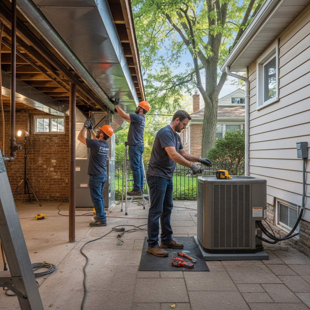 Eco Air Pros technician expertly repairing an HVAC unit in a modern Edison Park home.