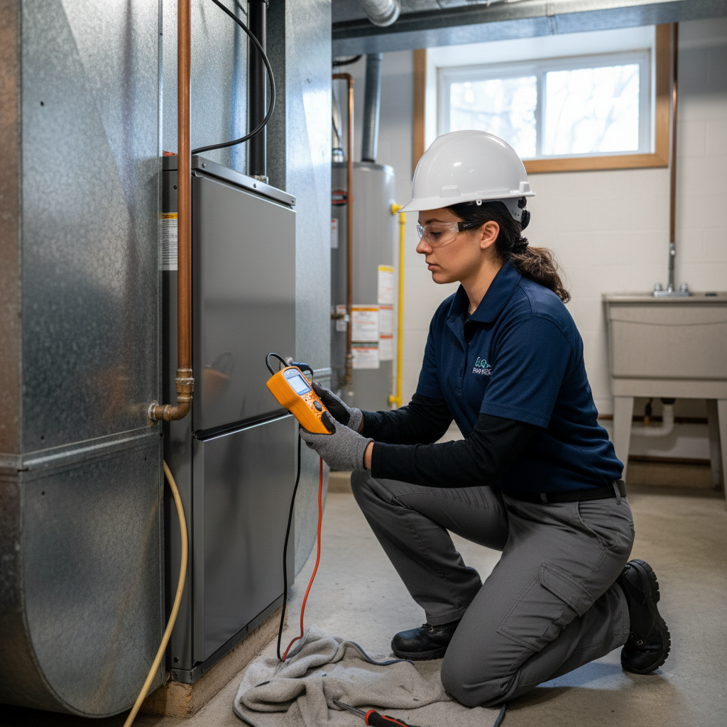Eco Air Pros technician inspecting a furnace, ensuring optimal heating system performance for a Chicago resident.