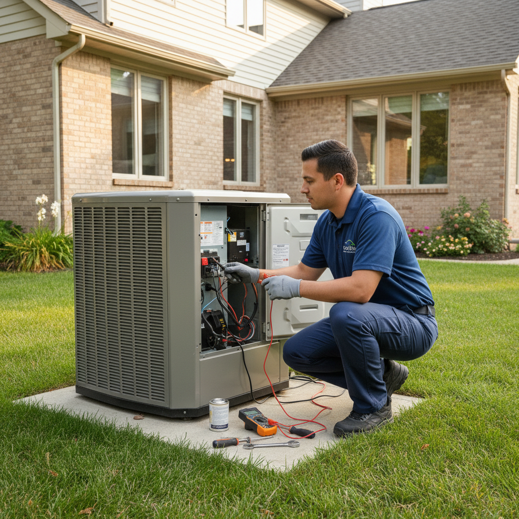 Eco Air Pros technician inspecting an air conditioning unit in a Glen Ellyn backyard.
