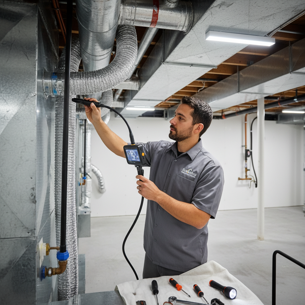 Eco Air Pros technician inspecting an air duct system in a clean Evanston basement.
