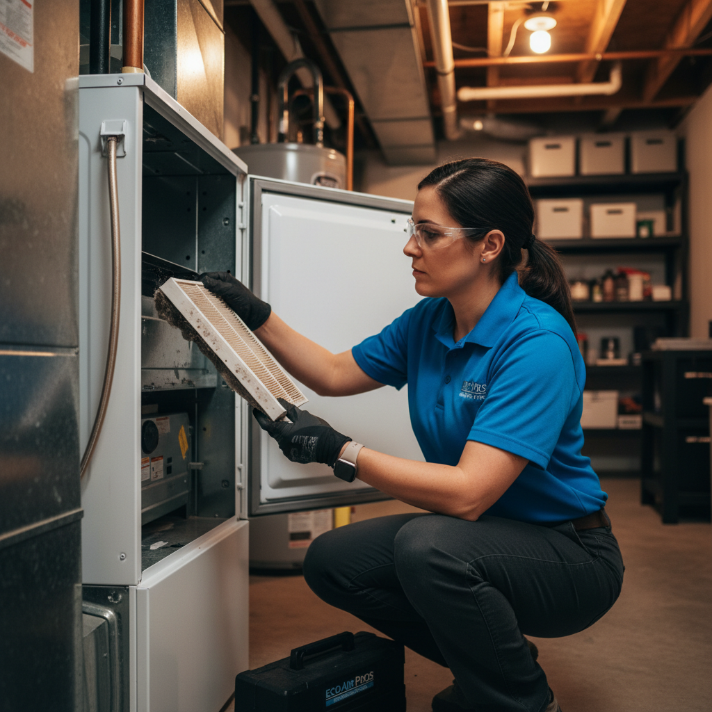 Eco Air Pros technician inspecting an air filter inside an Ashburn residential furnace.