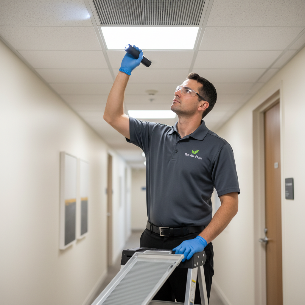 Eco Air Pros technician inspecting an air vent for quality assurance in a Carol Stream business.
