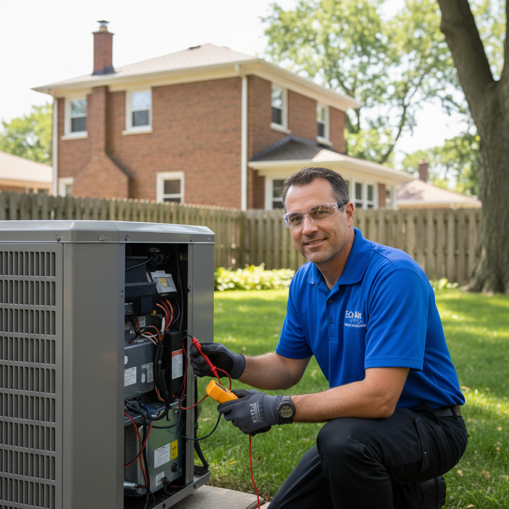Eco Air Pros technician inspecting an HVAC outdoor unit during a maintenance check in East Garfield Park.