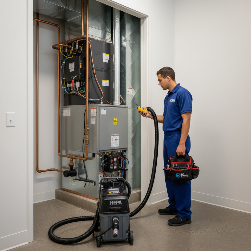 Eco Air Pros technician inspecting an HVAC system for routine maintenance at an Oak Brook residence.