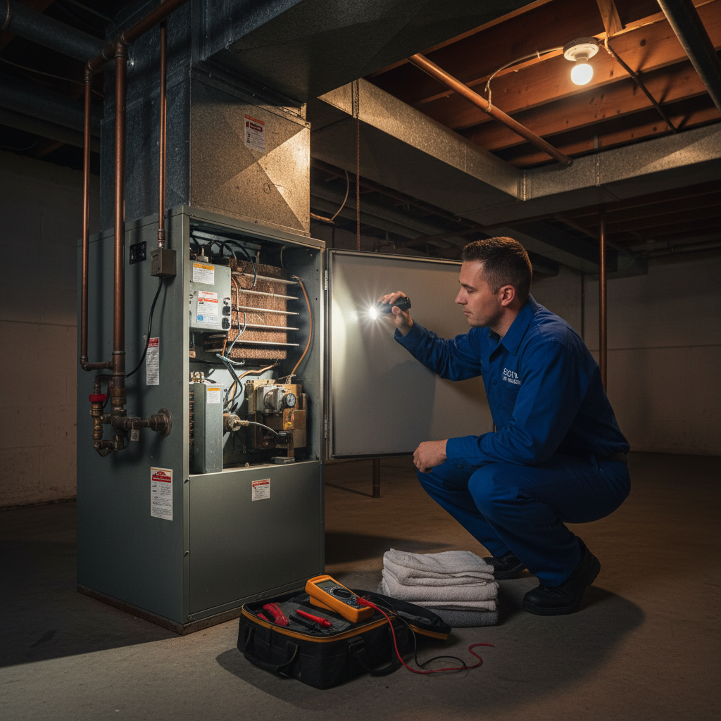 Eco Air Pros technician inspecting an HVAC unit in a residential basement, providing furnace repair in Harwood Heights.
