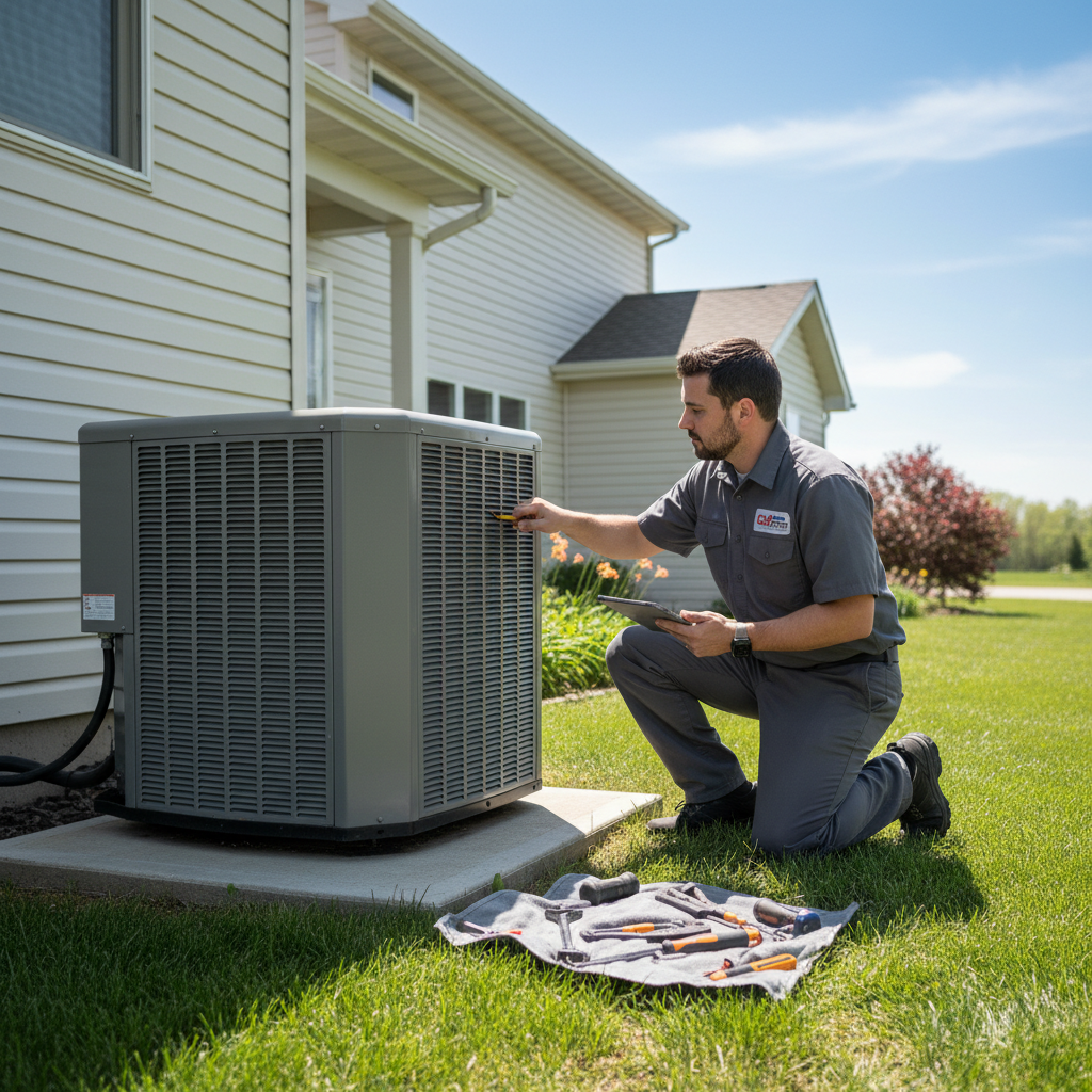 Eco Air Pros technician inspecting an outdoor AC unit during a maintenance check in Bridgeport, Illinois.