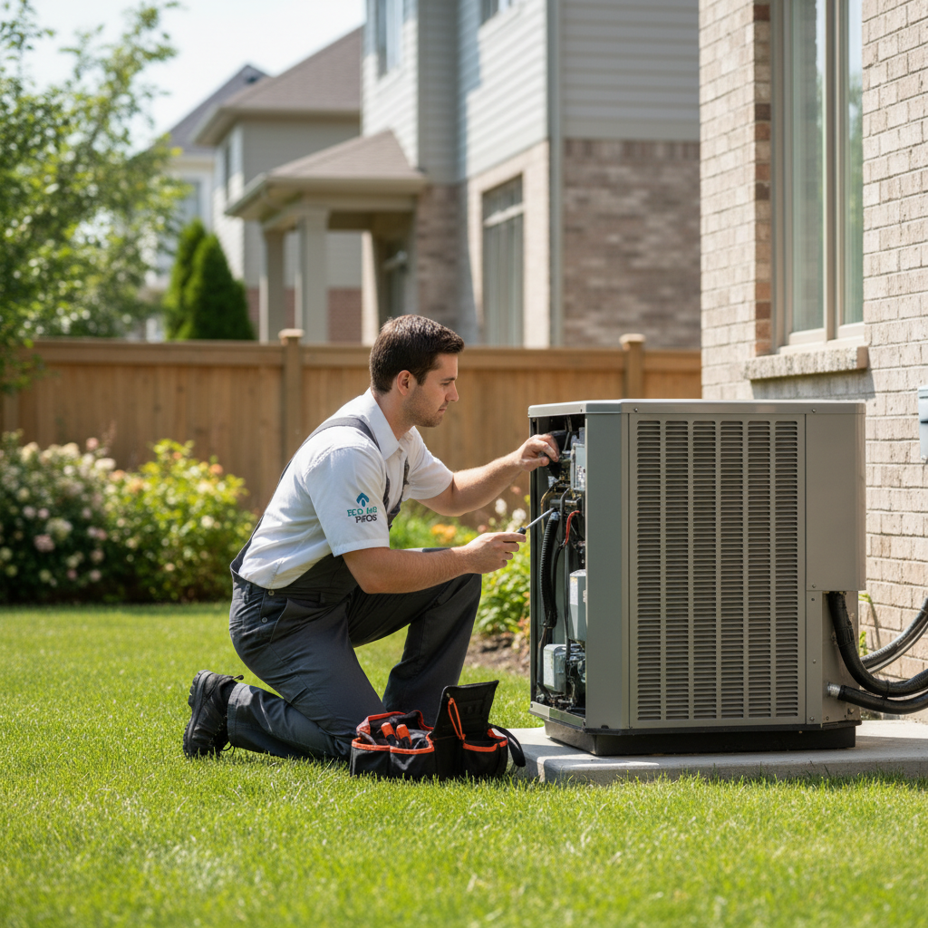 Eco Air Pros technician inspecting an outdoor AC unit during a maintenance check in Glenview, IL.