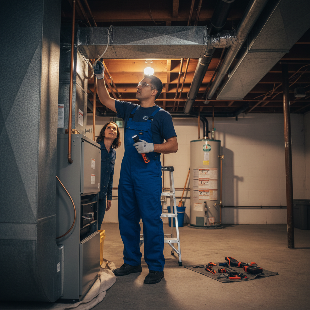 Eco Air Pros technician inspecting ductwork for HVAC repair in a residential basement in Auburn Gresham.