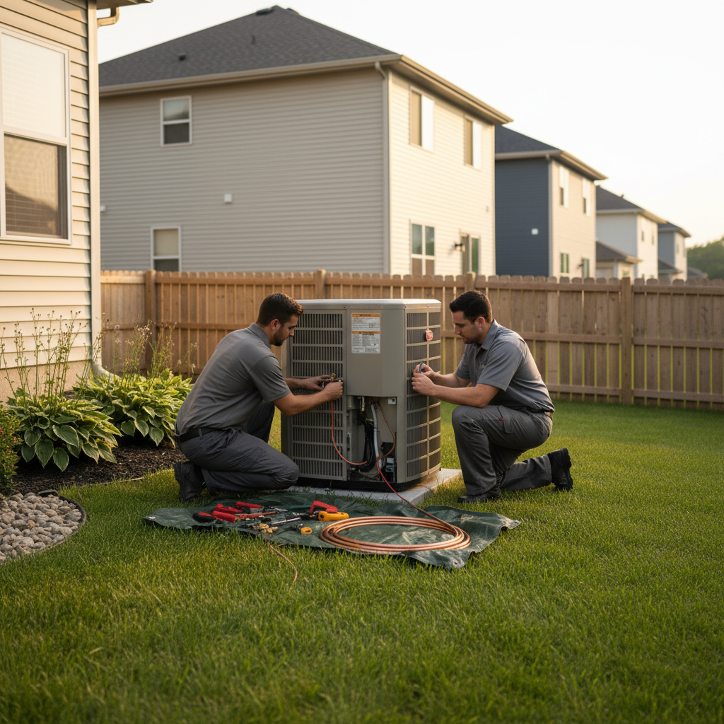 Eco Air Pros technician installing a new air conditioning unit at a property in Elk Grove Village.