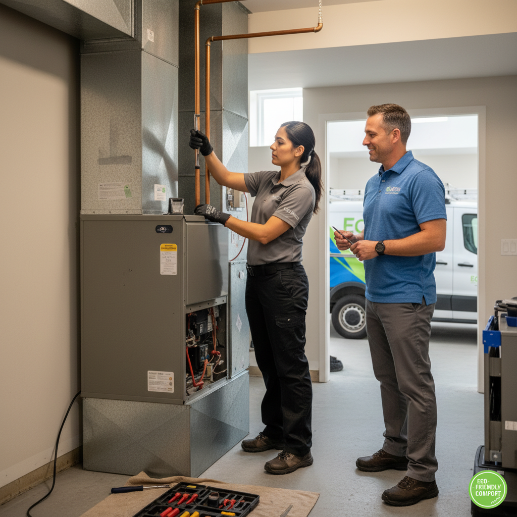 Eco Air Pros technician installing a new furnace for a homeowner in Darien, IL.