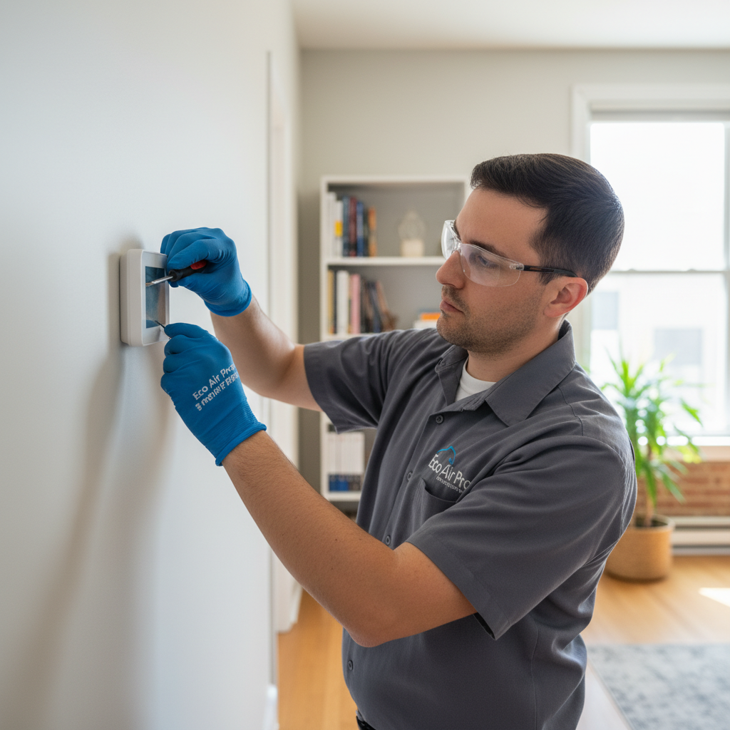 Eco Air Pros technician installing a new thermostat for improved energy efficiency in Uptown, IL.