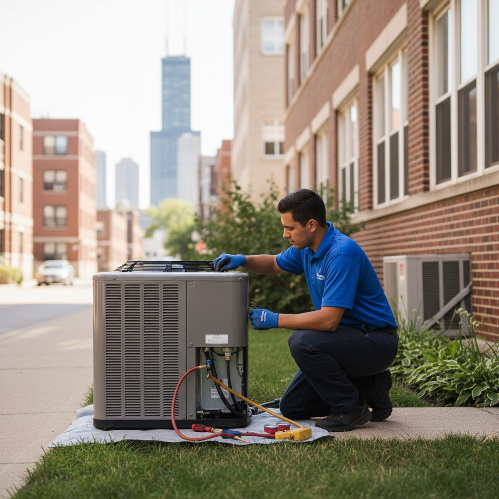 Eco Air Pros technician maintaining an outdoor air conditioning unit in a residential area of West Loop Gate.