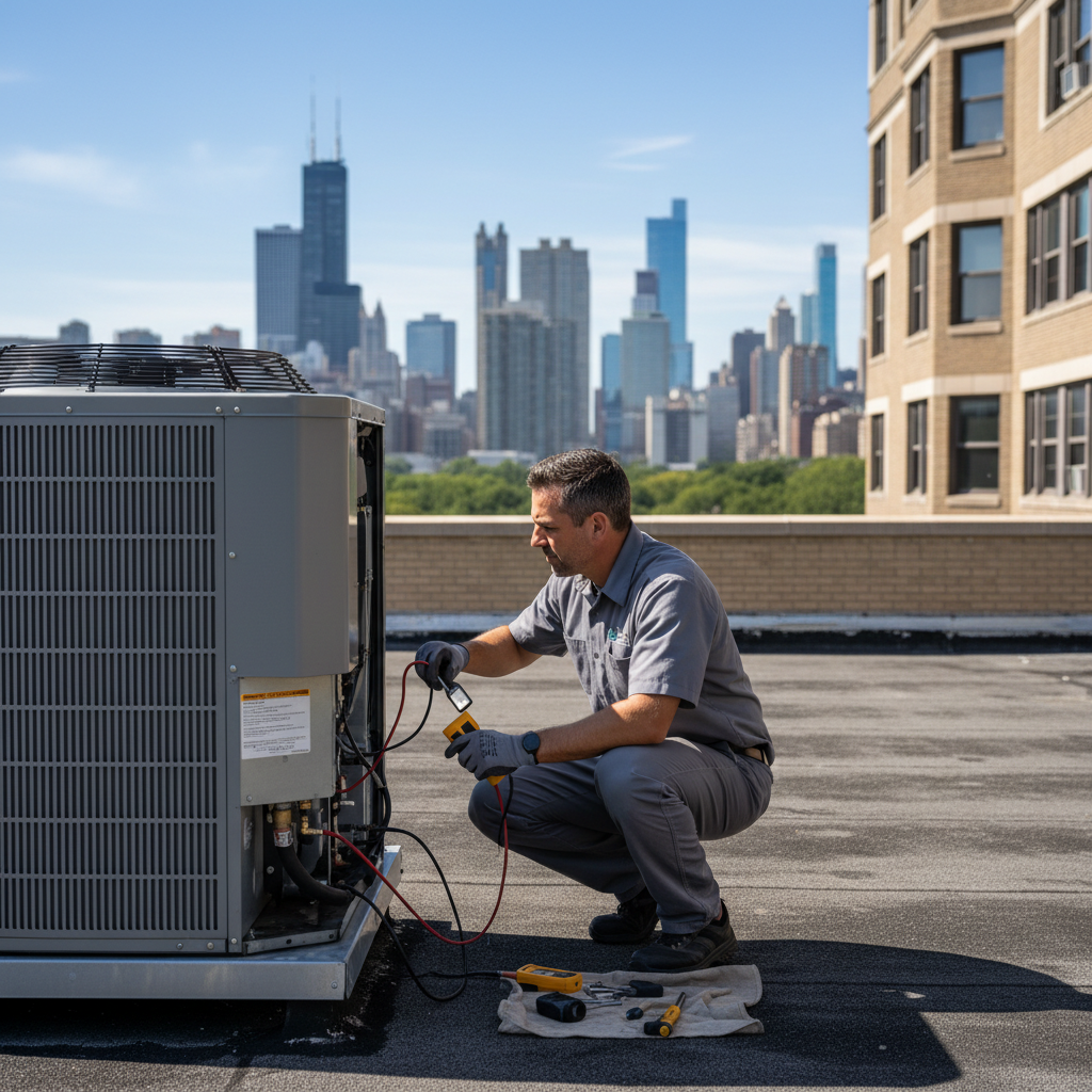 Eco Air Pros technician performing a routine AC maintenance check on a rooftop unit in Lincoln Park.