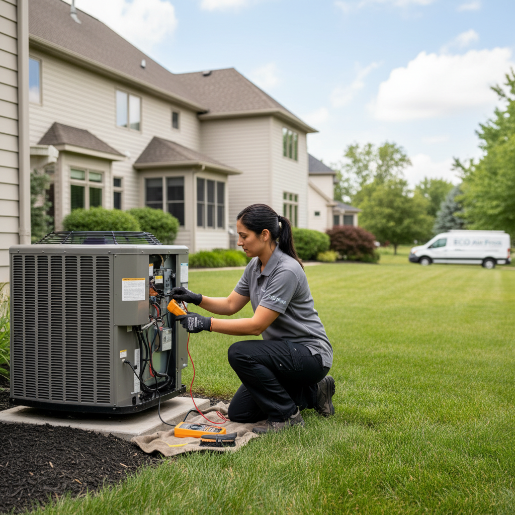 Eco Air Pros technician performing a routine AC maintenance check on an outdoor unit in Darien, IL.