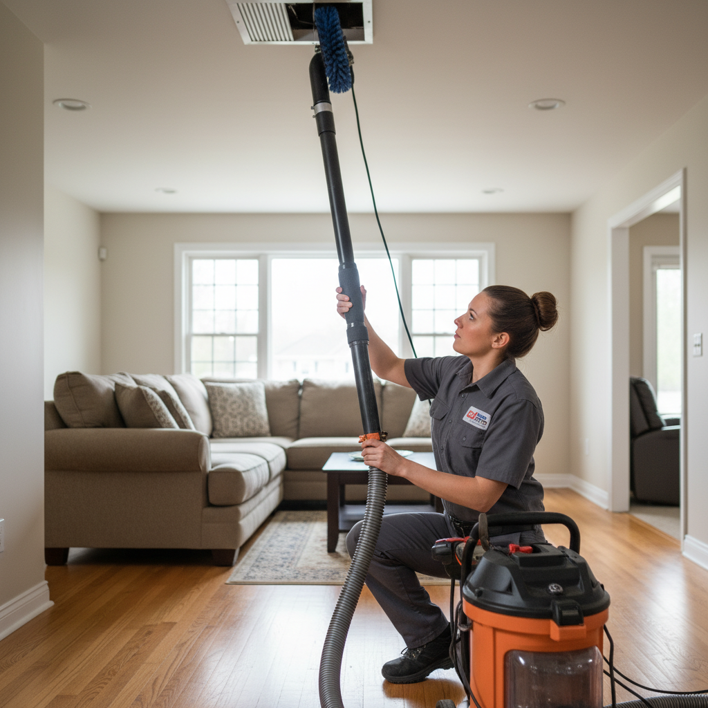 Eco Air Pros technician performing a thorough air duct cleaning service in a Bridgeport residence.