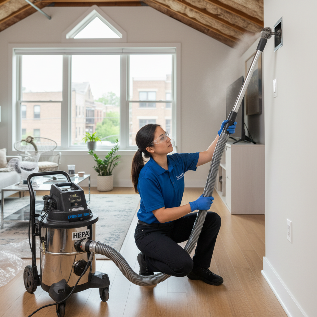 Eco Air Pros technician performing a thorough air duct cleaning service in an East Garfield Park residence.
