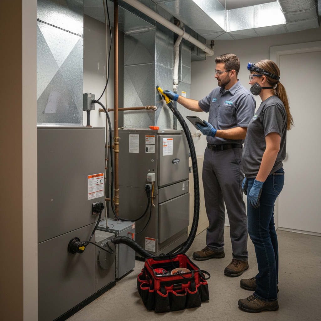 Eco Air Pros technician performing a thorough HVAC system check in a Summit residence.