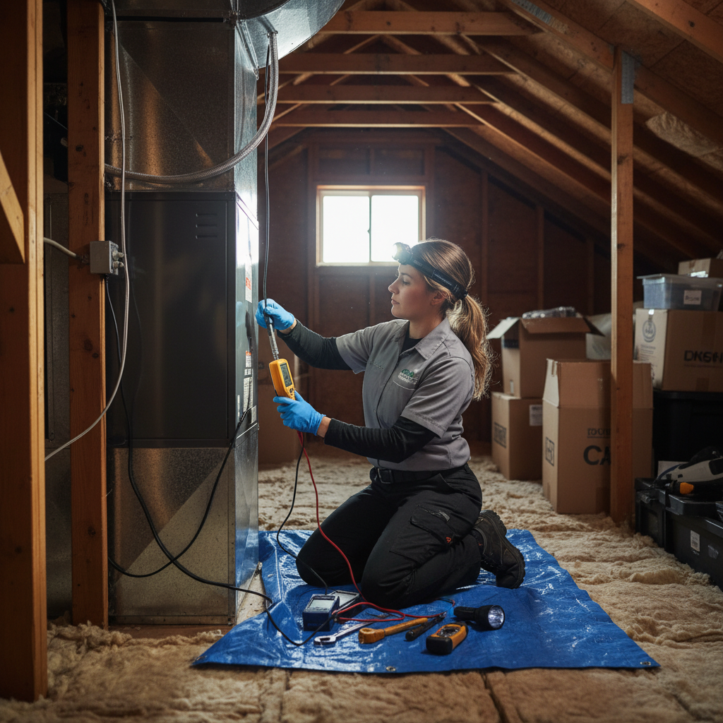 Eco Air Pros technician performing a thorough HVAC system inspection in a South Austin residence.
