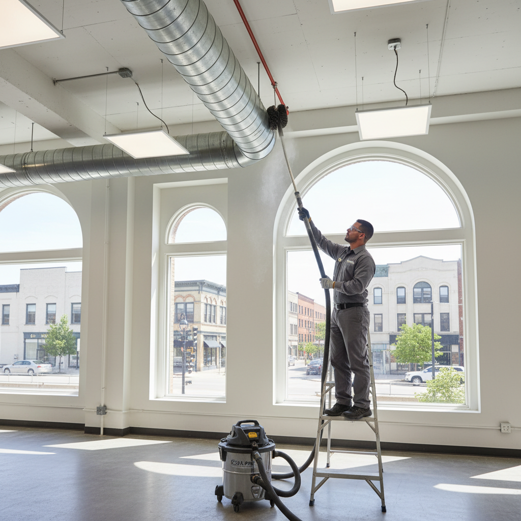 Eco Air Pros technician performing air duct cleaning service in an Uptown, IL commercial building.