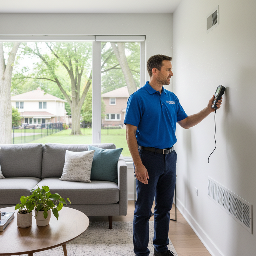 Eco Air Pros technician performing air quality service in a modern Chicago suburbs home.