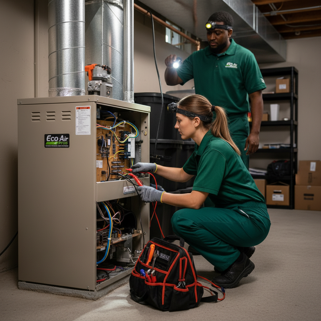 Eco Air Pros technician repairing a furnace with specialized tools in an Englewood residential basement.