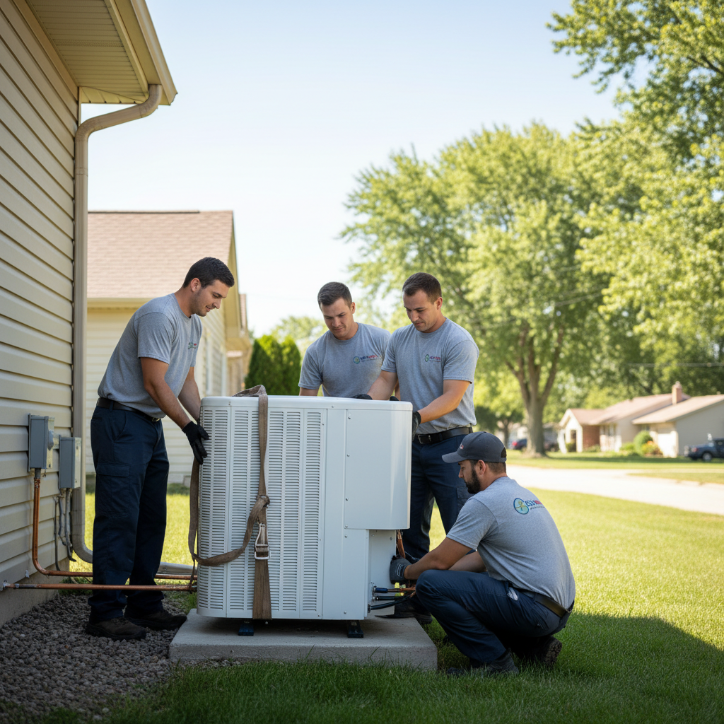 Eco Air Pros technicians installing a new outdoor air conditioning unit at a home in Burbank, IL.