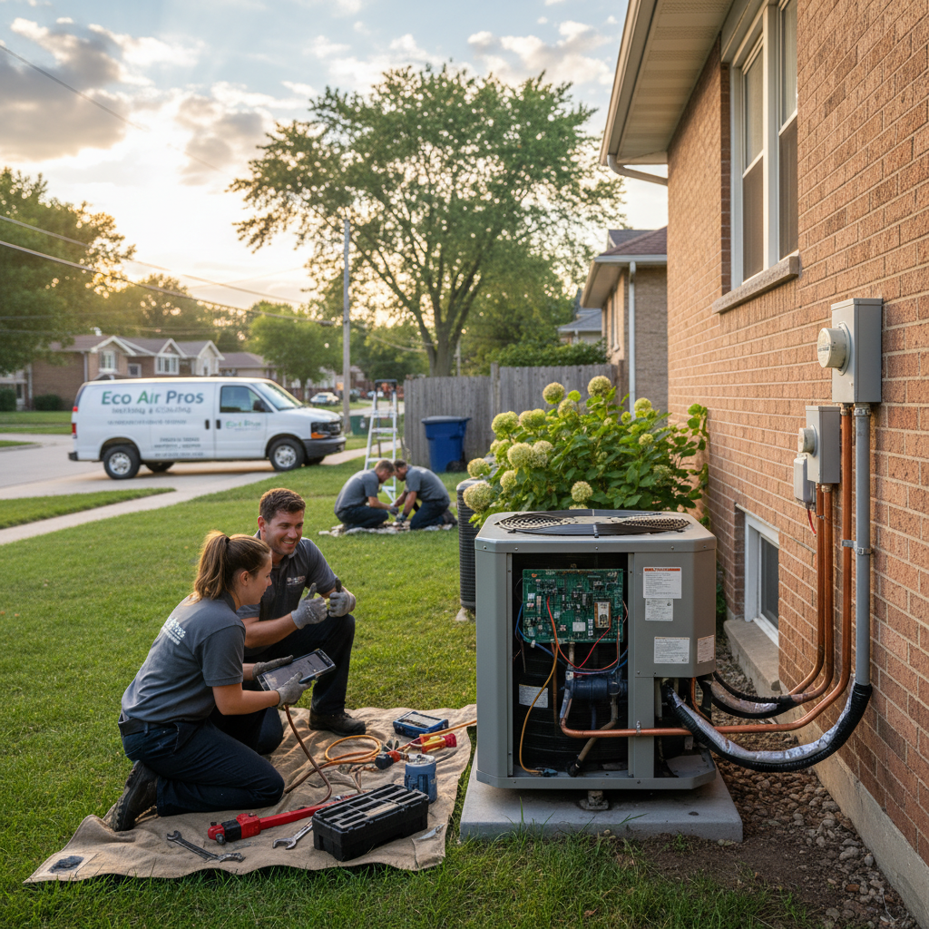 Eco Air Pros technicians performing an air conditioning repair service on an outdoor unit in Elmwood Park, IL.