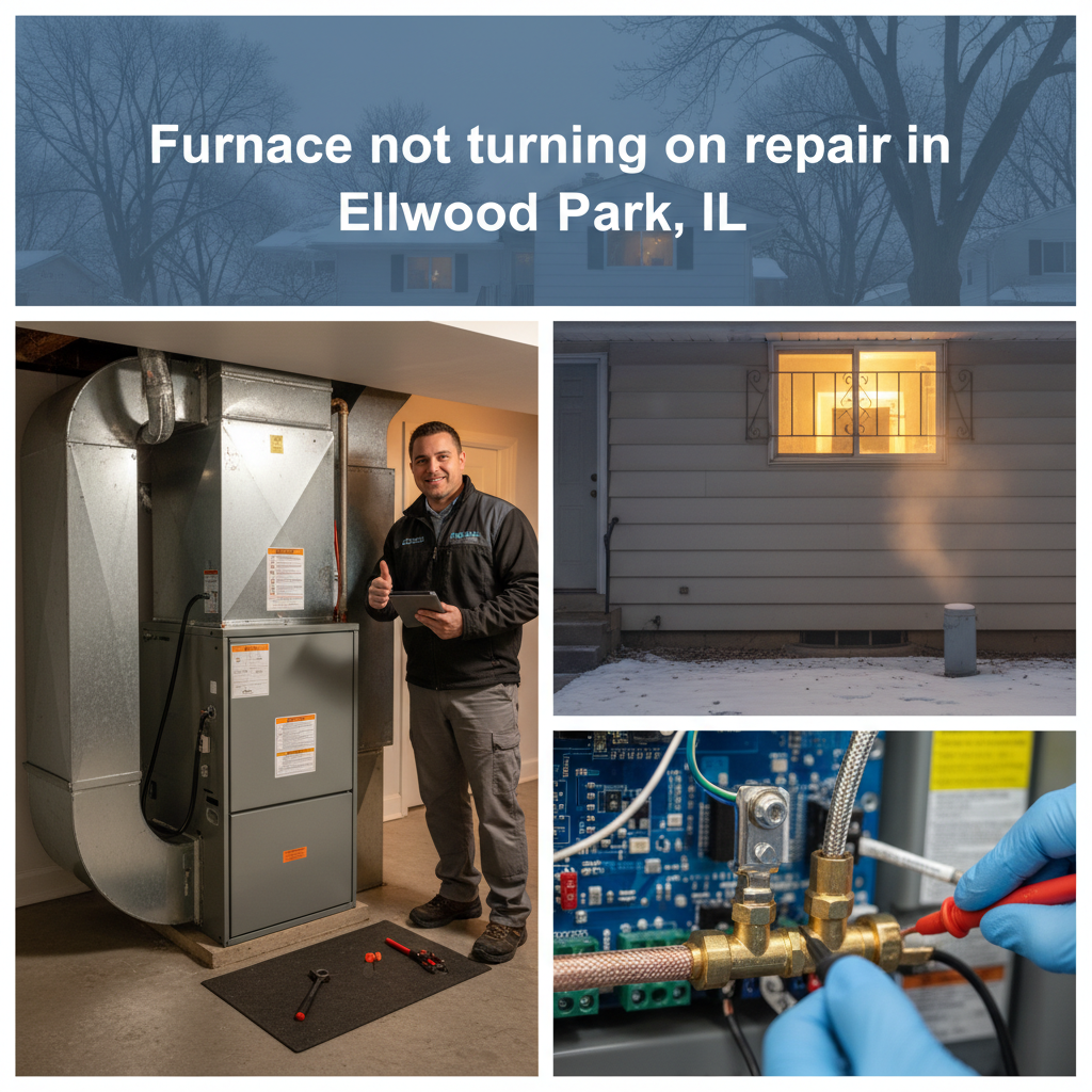 Expert technician completing a furnace not turning on repair in a residential basement in Elmwood Park, IL.