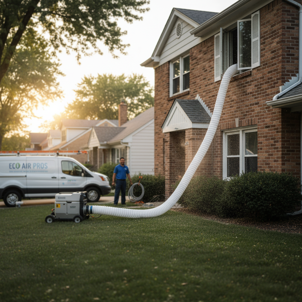 Professional AC duct cleaning service completed at a brick home in Elmwood Park, IL by Eco Air Pros Heating & Cooling.