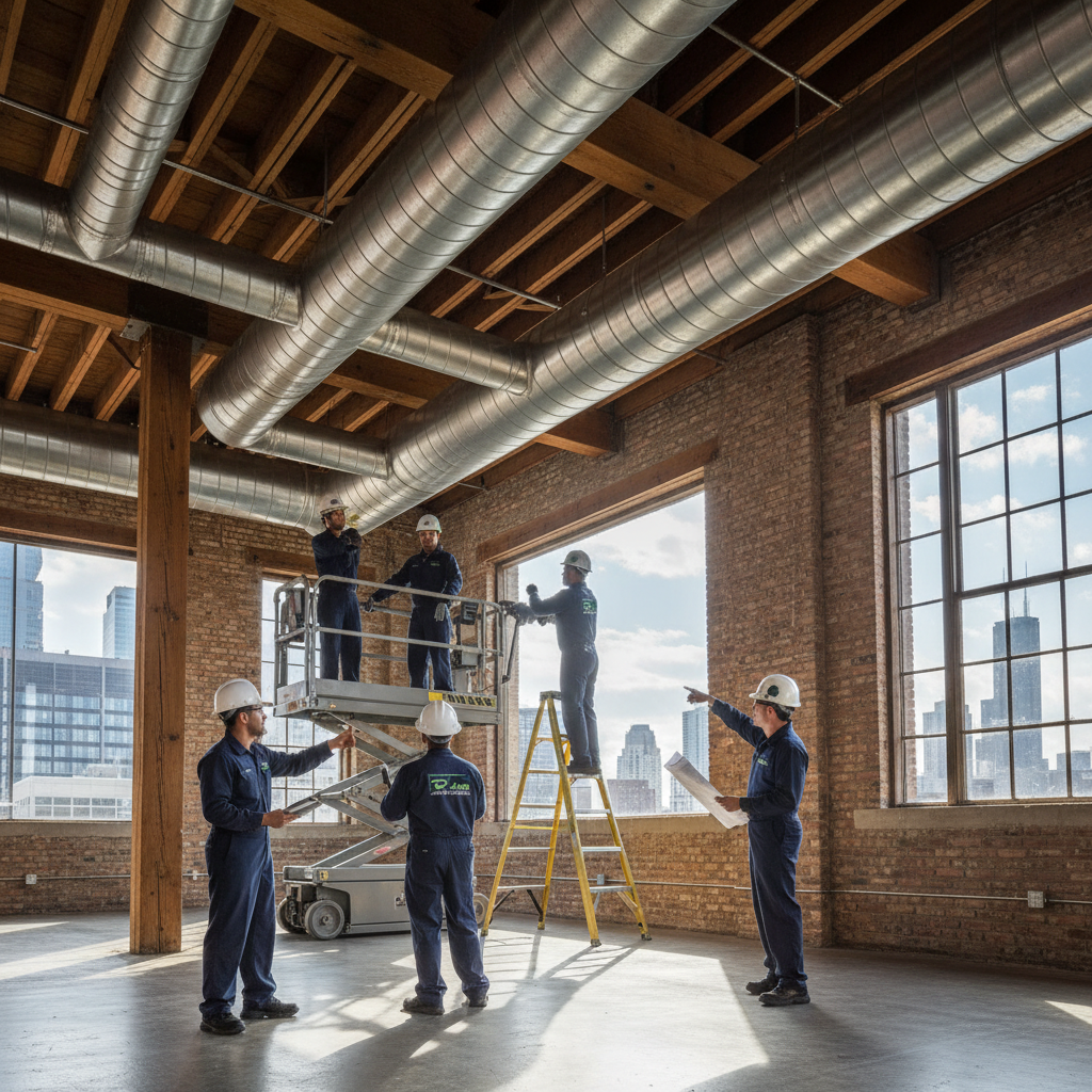 Skilled Eco Air Pros HVAC team meticulously performing ductwork maintenance in a commercial building in Chicago.