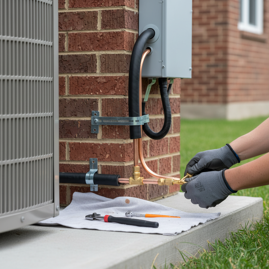 Technician performing detailed AC installation work, connecting copper lines on an outdoor unit in Elmwood Park, IL.