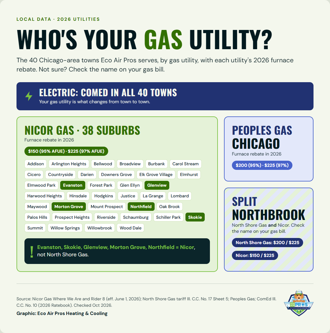 Chicagoland HVAC Rebates & Help by Utility and Town (2026) 2 Who's Your Gas Utility? 40 Chicago-area towns: ComEd electric everywhere; Nicor Gas in 38 suburbs, Peoples Gas in Chicago, Northbrook split between North Shore Gas and Nicor. 2026 furnace rebates: Nicor $150/$225, Peoples and NSG $200/$225.